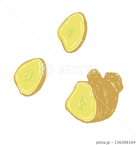 スライスされた新鮮な生姜(ジンジャー)のイラスト スライスされた新鮮な生姜(ジンジャー)のイラスト 136306164