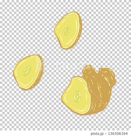 スライスされた新鮮な生姜(ジンジャー)のイラスト スライスされた新鮮な生姜(ジンジャー)のイラスト 136306164