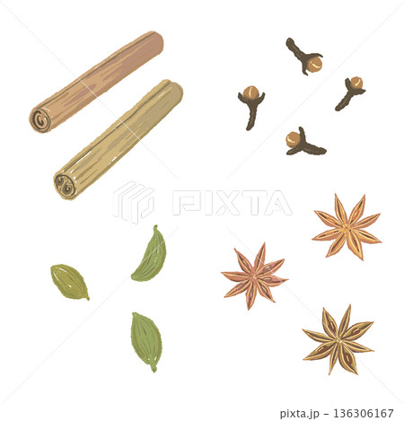 チャイに使われるミックススパイスの材料セット（お茶なし） 136306167