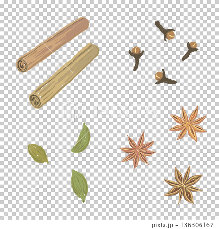 チャイに使われるミックススパイスの材料セット（お茶なし） 136306167