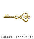 Decorative golden heart-shaped key, openwork key, vintage style with decorative heart-shaped head and swirls. 136306217