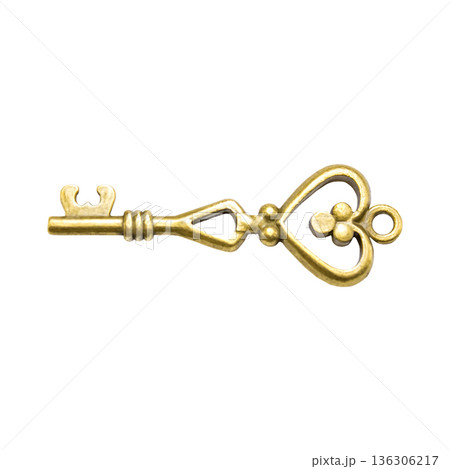 Decorative golden heart-shaped key, openwork key, vintage style with decorative heart-shaped head and swirls. Decorative golden heart-shaped key, openwork key, vintage style with decorative heart-shaped head and swirls. 136306217