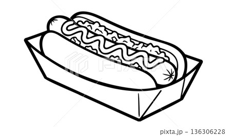 Hot Dog in Paper Tray with Mustard. Line Art Vector Illustration of Fast Food Snack. Hot Dog in Paper Tray with Mustard. Line Art Vector Illustration of Fast Food Snack. 136306228