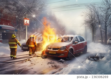 A car is on fire in a parking lot at winter day, neural network generated image 136306269
