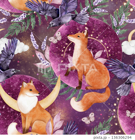Seamless pattern with foxes, moon and forest plants. Hand painted watercolor illustration for textile, wallpaper, wrapping paper and kids designs. Purple background. 136306294