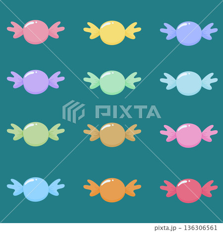 Colorful Cute Candy Set, Sweet Bonbon Illustrations in Pastel Colors, Vector Collection 136306561