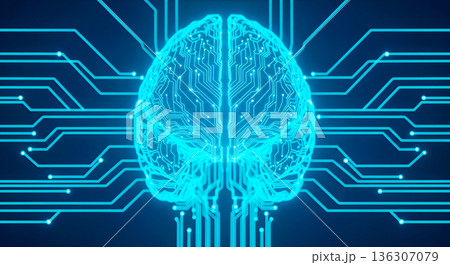 AI 人工知能 脳 ネットワーク 電子回路 未来 テクノロジー デジタル 背景 青 3D CG 136307079