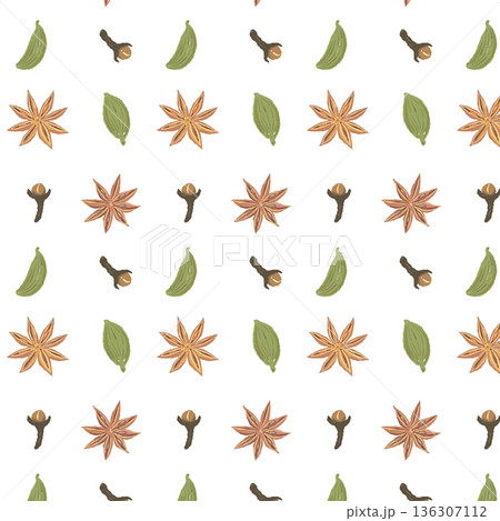 クローブやシナモンなどが並ぶスパイスのシームレスパターン 136307112