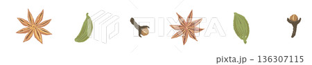 色々なチャイスパイスが横一列に並んだライン装飾素材 136307115