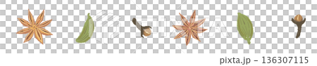 色々なチャイスパイスが横一列に並んだライン装飾素材 136307115
