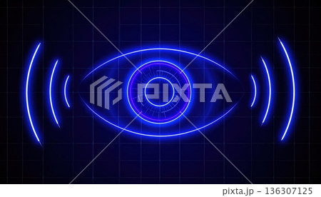 A glowing neon blue eye surrounded by radiating waves appears on a grid, representing surveillance, technology, and the future of digital security systems. 136307125
