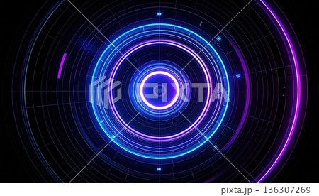 Futuristic digital abstract background with concentric circles and glowing neon lines representing technology innovation and cyber security concept 136307269