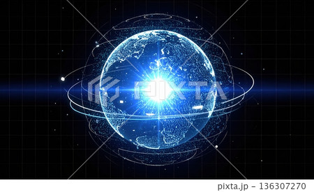 Highly detailed digital illustration of a glowing futuristic Earth with orbiting lines and digital effects representing technology innovation and global connectivity 136307270