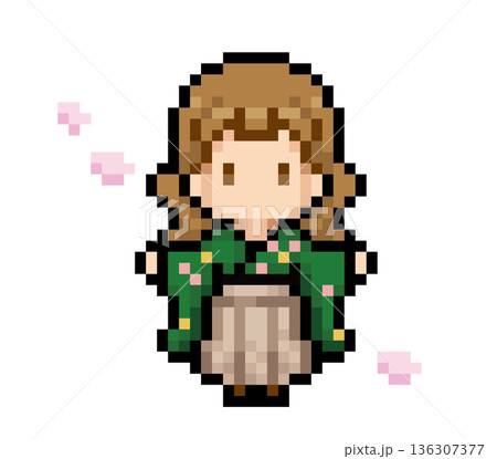 袴を着た女性と桜の花びらのドット絵 袴を着た女性と桜の花びらのドット絵 136307377