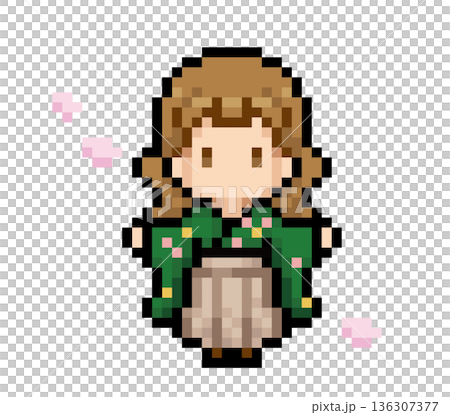 袴を着た女性と桜の花びらのドット絵 袴を着た女性と桜の花びらのドット絵 136307377