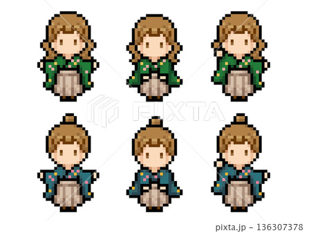 袴を着た女性のドット絵セット 袴を着た女性のドット絵セット 136307378