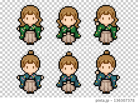 A pixel art set of a woman wearing a hakama 136307378