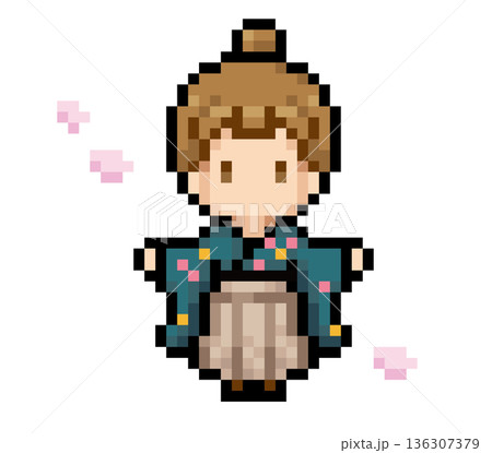 袴を着たお団子頭の女性と桜の花びらのドット絵 136307379