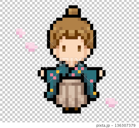 袴を着たお団子頭の女性と桜の花びらのドット絵 136307379