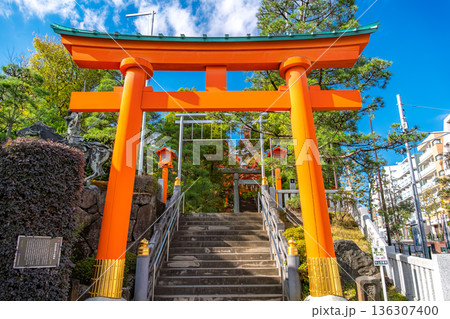 東京都新宿区 早稲田、秋晴れの穴八幡宮 正面参道鳥居 136307400