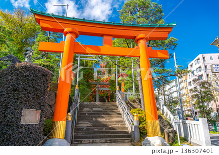 東京都新宿区 早稲田、秋晴れの穴八幡宮 正面参道鳥居 136307401