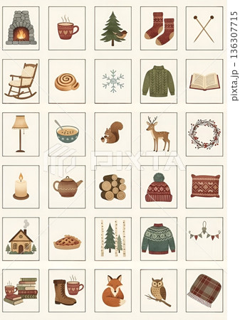 北欧ヒュッゲな冬の暮らしアイコンセット 水彩風イラスト30種類 136307715