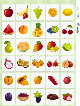 新鮮なフルーツ・果物のイラストセット 水彩風アイコン30種類詰め合わせ 136307716