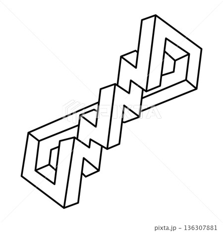 Impossible shape. Sacred geometry. Optical illusion shape. Abstract eternal geometric object. Impossible endless outline shape. Op art figure. Impossible geometry shape on a white background. Line art 136307881