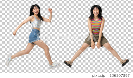 Dynamic jumping and running poses of Japanese women in their 20s. Full-body cutout set of 4. Transparent PNG. Casual. 136307897