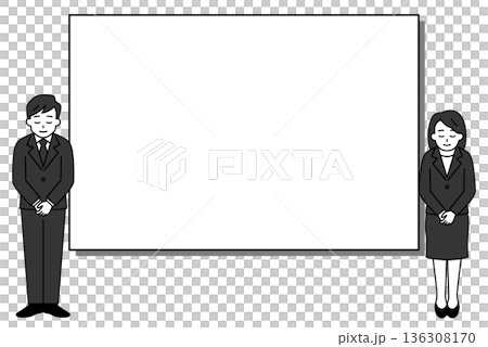 ホワイトボードとお辞儀をする黒いスーツの男女 136308170