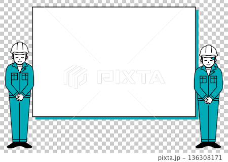 ホワイトボードとお辞儀をするヘルメットの作業員の男女 136308171