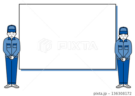 ホワイトボードとお辞儀をするつなぎ作業服の男女 ホワイトボードとお辞儀をするつなぎ作業服の男女 136308172