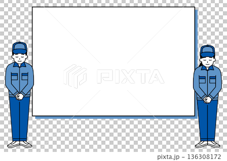 ホワイトボードとお辞儀をするつなぎ作業服の男女 ホワイトボードとお辞儀をするつなぎ作業服の男女 136308172