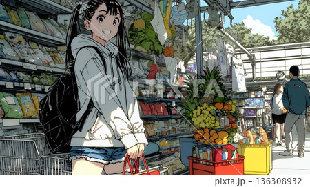 スーパーマーケットで買い物をしている若い女性