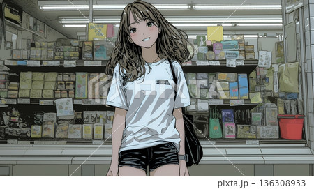 スーパーマーケットで買い物をしている若い女性