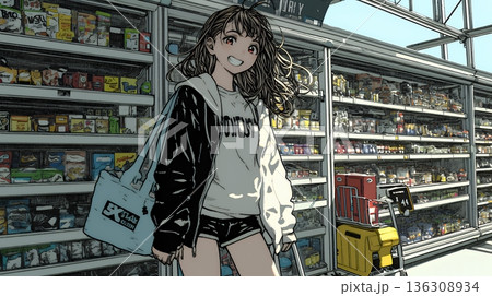 スーパーマーケットで買い物をしている若い女性