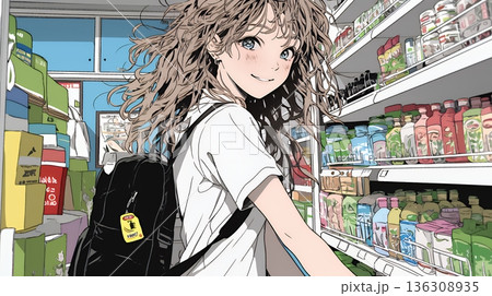 スーパーマーケットで買い物をしている若い女性