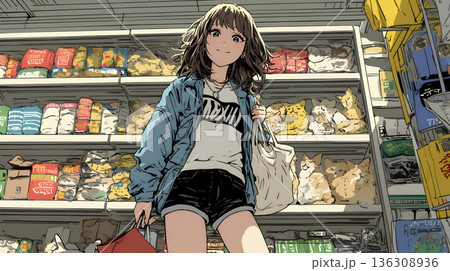 スーパーマーケットで買い物をしている若い女性