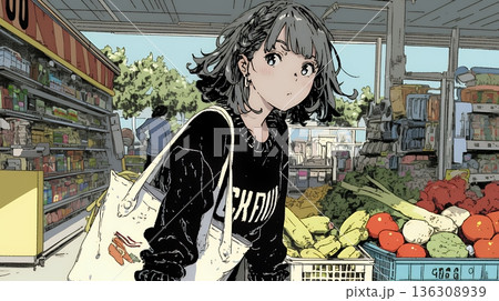 スーパーマーケットで買い物をしている若い女性