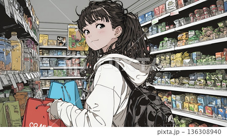 スーパーマーケットで買い物をしている若い女性