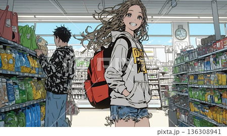 スーパーマーケットで買い物をしている若い女性