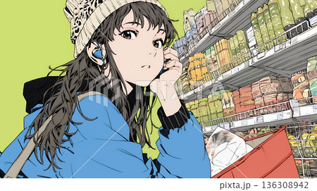 スーパーマーケットで買い物をしている若い女性