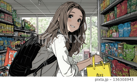 スーパーマーケットで買い物をしている若い女性