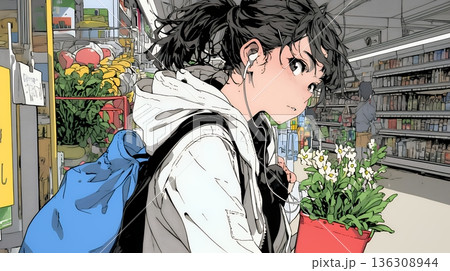 スーパーマーケットで買い物をしている若い女性