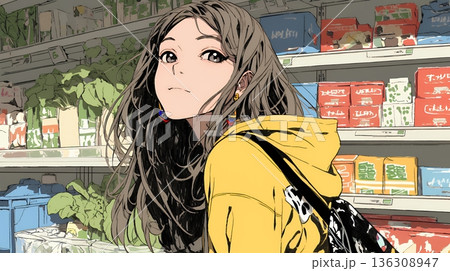 スーパーマーケットで買い物をしている若い女性