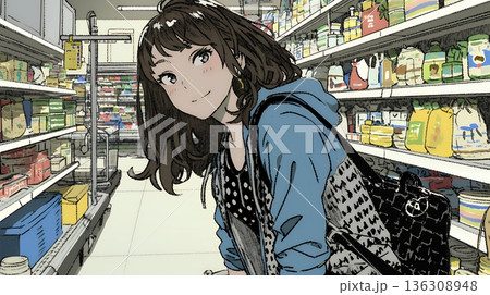 スーパーマーケットで買い物をしている若い女性