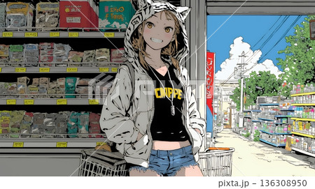 スーパーマーケットで買い物をしている若い女性