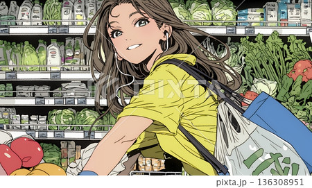 スーパーマーケットで買い物をしている若い女性