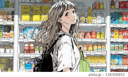 スーパーマーケットで買い物をしている若い女性