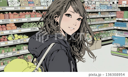 スーパーマーケットで買い物をしている若い女性